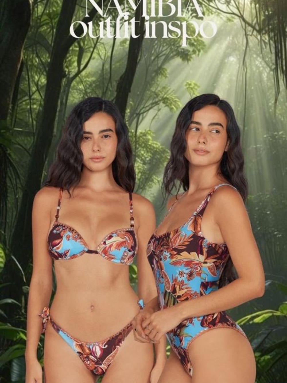 TOQUE D SOL Women Tropical Floral One-Piece Bodysuit in Blue and Brown